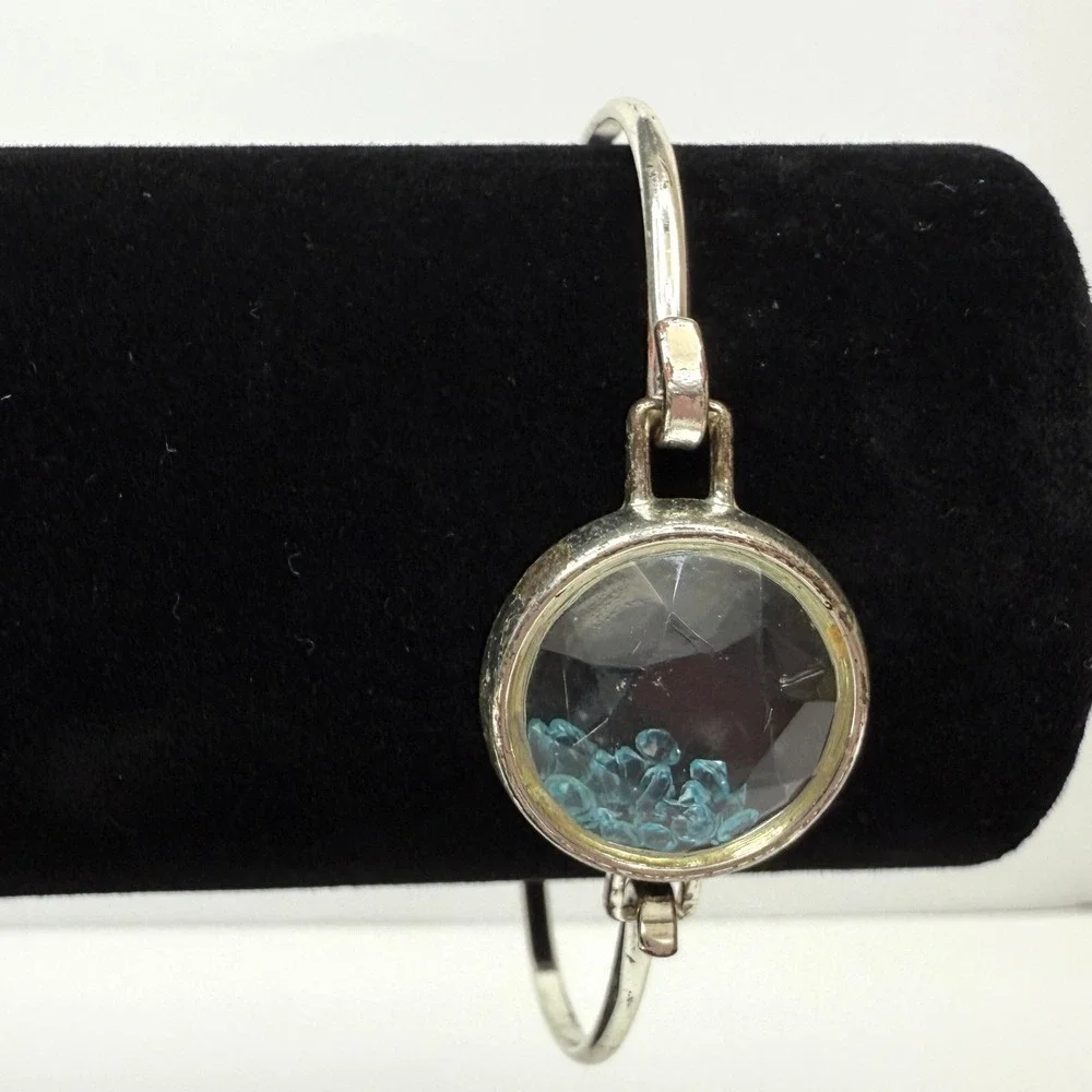 Charm Bangle Bracelet with Round Floating Blue Crystal Rhinestones Jewelry 6.5